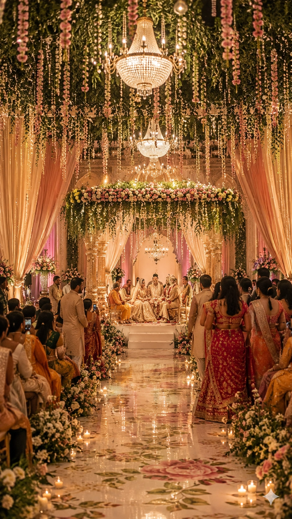 Lotus Grandeuré luxury destination wedding in Vrindavan — royal mandap setup with Banke Bihari temple backdrop, golden throne seating, and sacred floral décor for a divine Indian ceremony